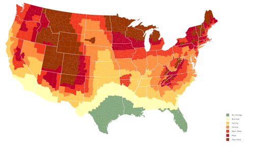 Map of the U.S. showing varying levels of change, with color gradients from green (no change) to red (peak change).