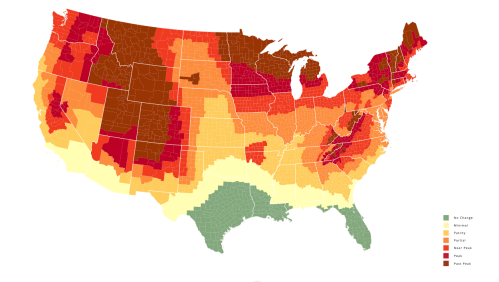 Map of the U.S. showing varying levels of a specific metric, with color gradients from green to dark red.