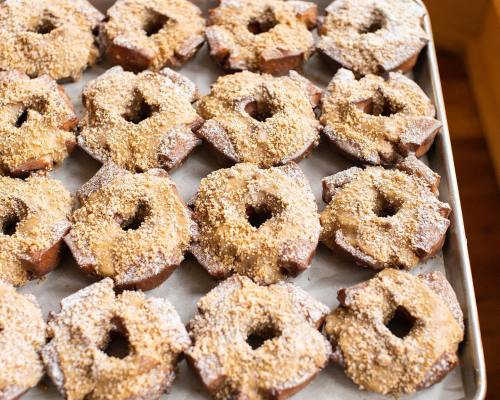 A tray of freshly baked donuts coated in sugar and cinnamon, arranged in neat rows.