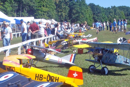 A lineup of model airplanes on display at an outdoor event, with a crowd of spectators in the background.