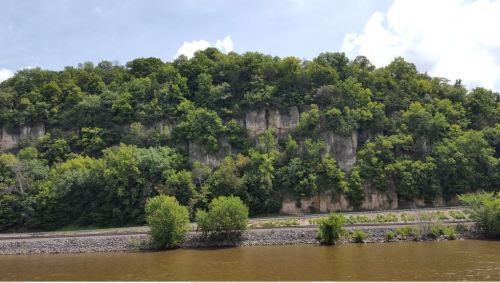 Lush green hillside with trees, rising above a calm riverbank under a partly cloudy sky.
