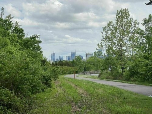 A view of a city skyline in the distance, framed by greenery and a winding road under a cloudy sky.