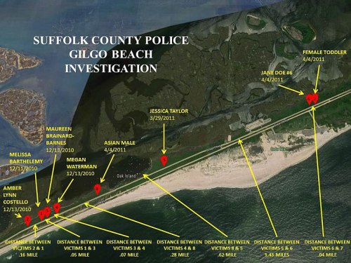 Map of Gilgo Beach showing locations of victims in the Suffolk County Police investigation, with distances noted.