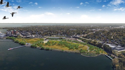 Aerial view of a waterfront park with trees, a city skyline in the background, and birds flying overhead.