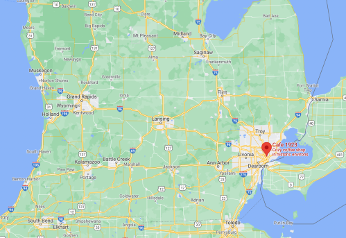 Map of Michigan highlighting locations, including Cafe 1923 in Dearborn.