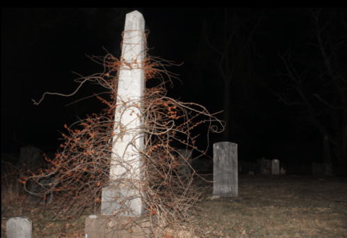 A tall, weathered gravestone entwined with vines in a dark, eerie cemetery at night.