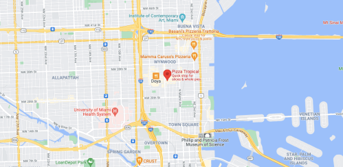 Map showing a section of Miami, highlighting locations like Pizza Tropical and nearby landmarks.