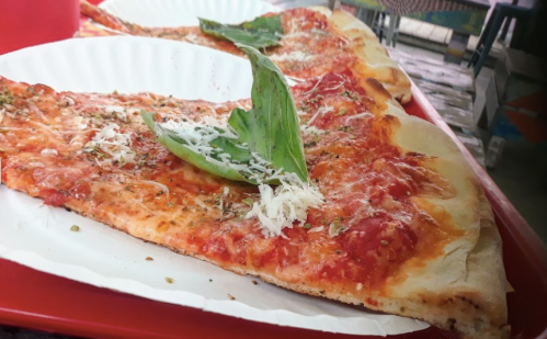 Two large slices of pizza topped with tomato sauce, cheese, and fresh basil on white paper plates.