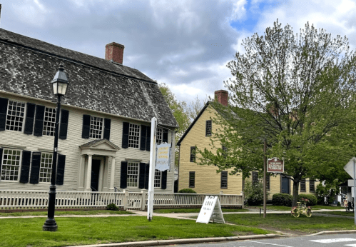 Historic buildings with black shutters and a lamp post, surrounded by greenery under a cloudy sky.