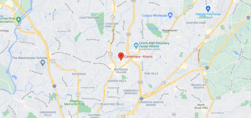Map of Atlanta, highlighting the area around Candy Pop, with nearby parks and major roads.