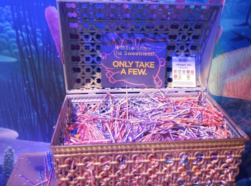 A decorative chest filled with colorful straws, with a sign that says "Please Share the Sweetness, ONLY TAKE A FEW."