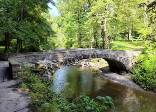 A stone bridge arches over a calm stream, surrounded by lush green trees and a serene natural landscape.