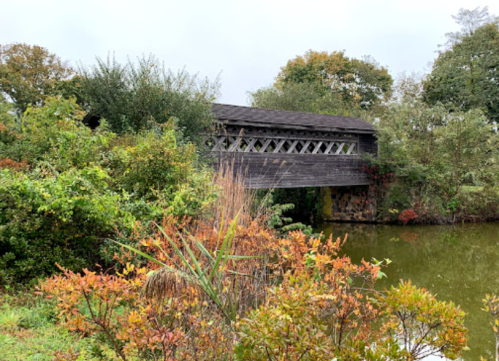 A wooden covered bridge surrounded by lush greenery and autumn foliage, reflecting in a calm pond.