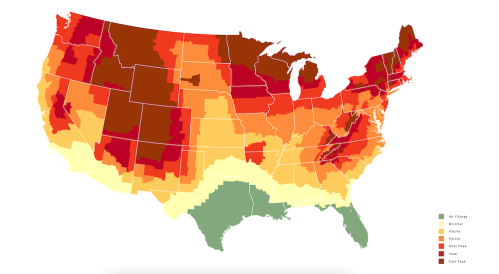 Map of the United States showing different zones for plant hardiness, with color gradients indicating temperature ranges.