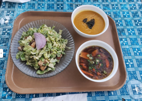 A tray with a green salad topped with onion, a bowl of orange soup, and a bowl of vegetable broth.