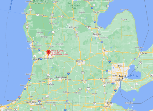 Map showing Michigan with a marker for "The Old Goat" in Kenwood, near Holland.