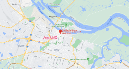 Map of Savannah, Georgia, highlighting The Marshall House and nearby landmarks, including Forsyth Park and the Savannah River.