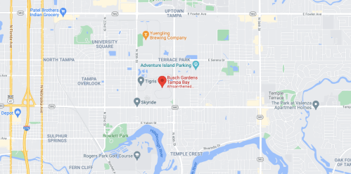 Map of North Tampa highlighting Busch Gardens and nearby locations like University Square and Adventure Island Parking.