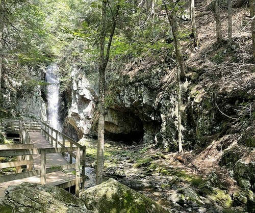 A serene forest scene featuring a wooden walkway beside a waterfall and rocky cliffs, surrounded by lush greenery.