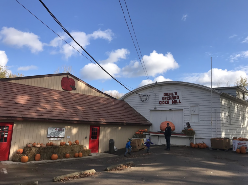 A quaint cider mill with pumpkins outside, under a blue sky with clouds. A person stands near the entrance.