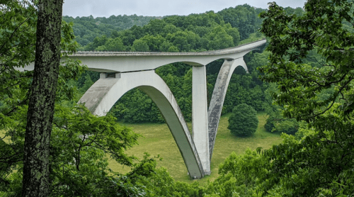 A modern concrete bridge arches over a lush green valley, surrounded by dense trees and a cloudy sky.