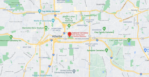Map of Atlanta highlighting Oakland Cemetery and nearby parks and landmarks.