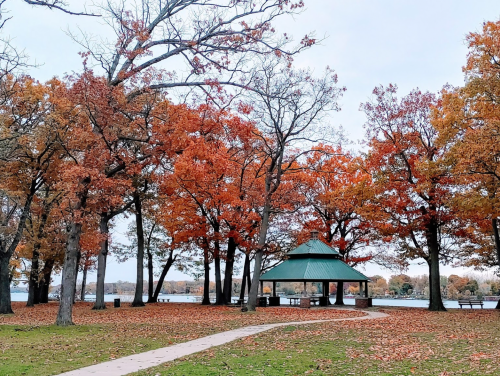 A park scene with a gazebo surrounded by trees with vibrant autumn leaves and a path leading to the water.
