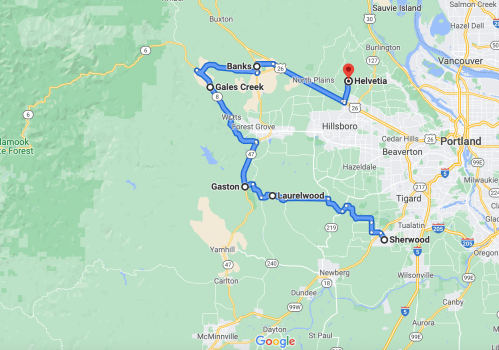 Map showing a route from Banks to Helvetia, passing through Gales Creek, Gaston, Laurelwood, and Sherwood.