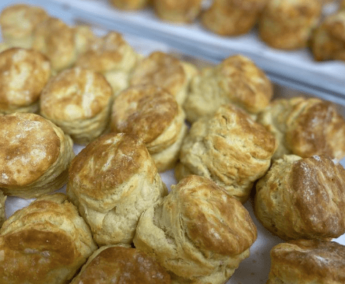 Freshly baked golden biscuits arranged on a tray, showcasing a flaky texture and appetizing appearance.