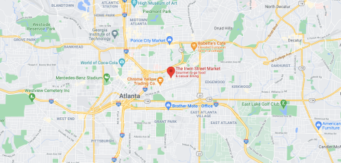 Map of Atlanta highlighting the location of The Irwin Street Market, near various neighborhoods and landmarks.
