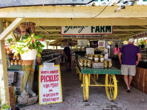 A farm stand with jars of pickles, a sign for prices, and customers browsing under a yellow awning.