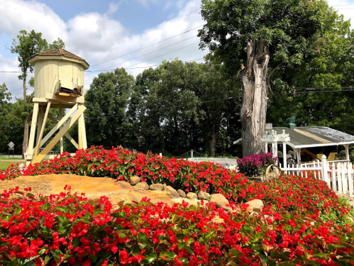 A vintage water tower stands beside vibrant red flowers and a rustic building under a blue sky with fluffy clouds.