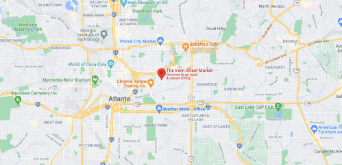 Map of Atlanta highlighting The Irwin Street Market and nearby landmarks.