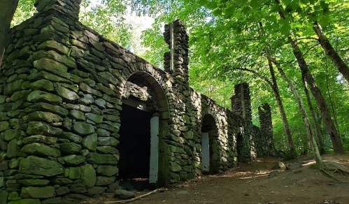 Ruins of a stone structure surrounded by lush green trees in a forest setting.