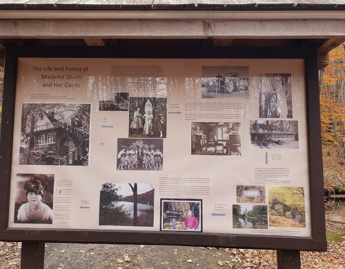 Informational display about Madame Sherri, featuring historical photos and text about her life and castle.