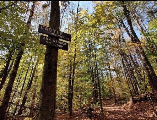 A wooded trail with a signpost indicating "Castle" and "Ann Stokes Loop" amidst colorful autumn foliage.