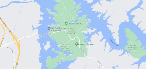Map showing Red Top Mountain State Park, including boat launch, campgrounds, and trailhead locations.