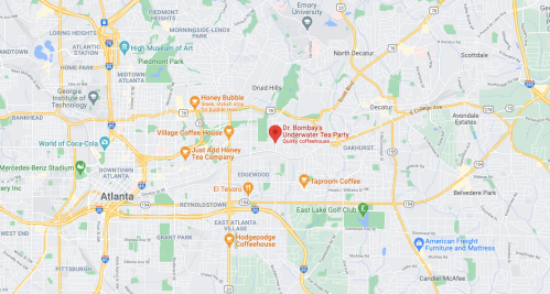 Map of Atlanta, highlighting locations including Dr. Bombay's Underwater Tea Party and various coffee shops.