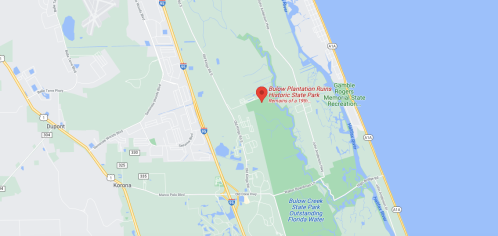 Map showing Bulow Plantation Ruins Historic State Park, located near the coast and surrounded by green areas.