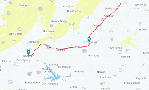 Map showing a red route connecting Roanoke, Lynchburg, and Appomattox in Virginia, with surrounding towns and landmarks.