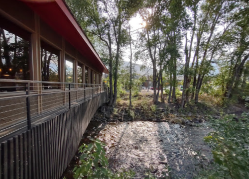 A wooden walkway beside a flowing stream, surrounded by trees and sunlight filtering through the leaves.