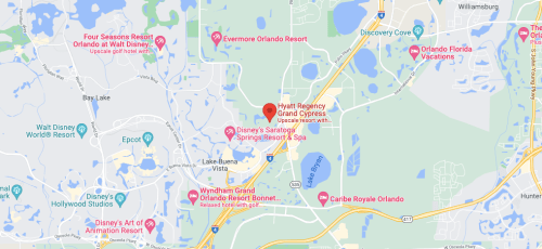 Map showing the location of Hyatt Regency Grand Cypress near Disney resorts in Orlando, Florida.