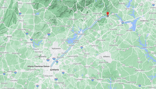 Map showing a route from Atlanta Peachtree Station to a location north of the city, with surrounding areas highlighted.