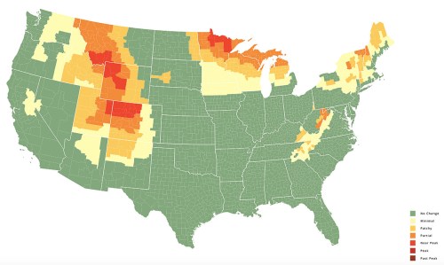 Map of the U.S. showing areas of change in vegetation, with color-coded regions indicating varying levels of impact.