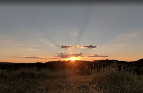 A sunset over a grassy landscape, with rays of light streaming through clouds in a colorful sky.