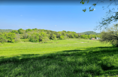 Lush green landscape with rolling hills, trees, and a clear blue sky, featuring a dirt path and a distant farm.