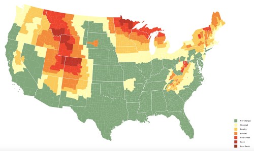 Map of the U.S. showing varying levels of change in vegetation, with color gradients from green to red indicating different statuses.