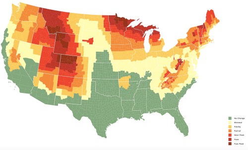Map of the U.S. showing varying levels of change, with color gradients from green to red indicating different zones.