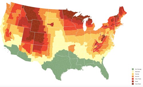 A color-coded map of the U.S. showing varying climate zones, from cool to hot, with different shades representing each zone.