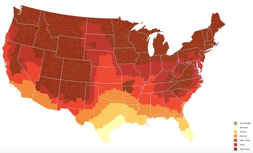 U.S. map showing varying levels of heat risk, with darker shades indicating higher risk areas.